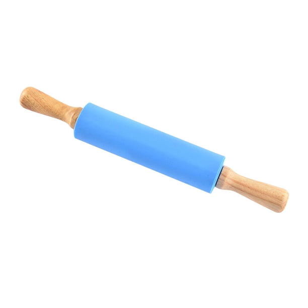 Rodillo de amasar antiadherente de 38 cm con mango de madera y silicona para masa de galletas (azul)