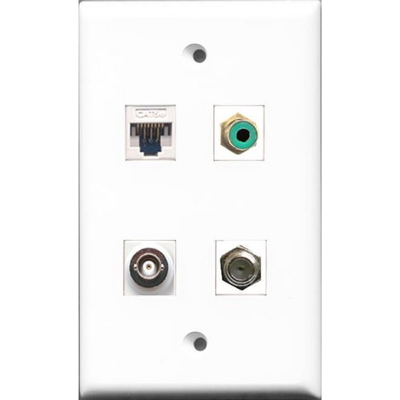 RiteAV 1 Port RCA Green and 1 Port Coax Cable TV- F-Type and 1 Port BNC and 1 Port Cat5e Ethernet White Wall Plate