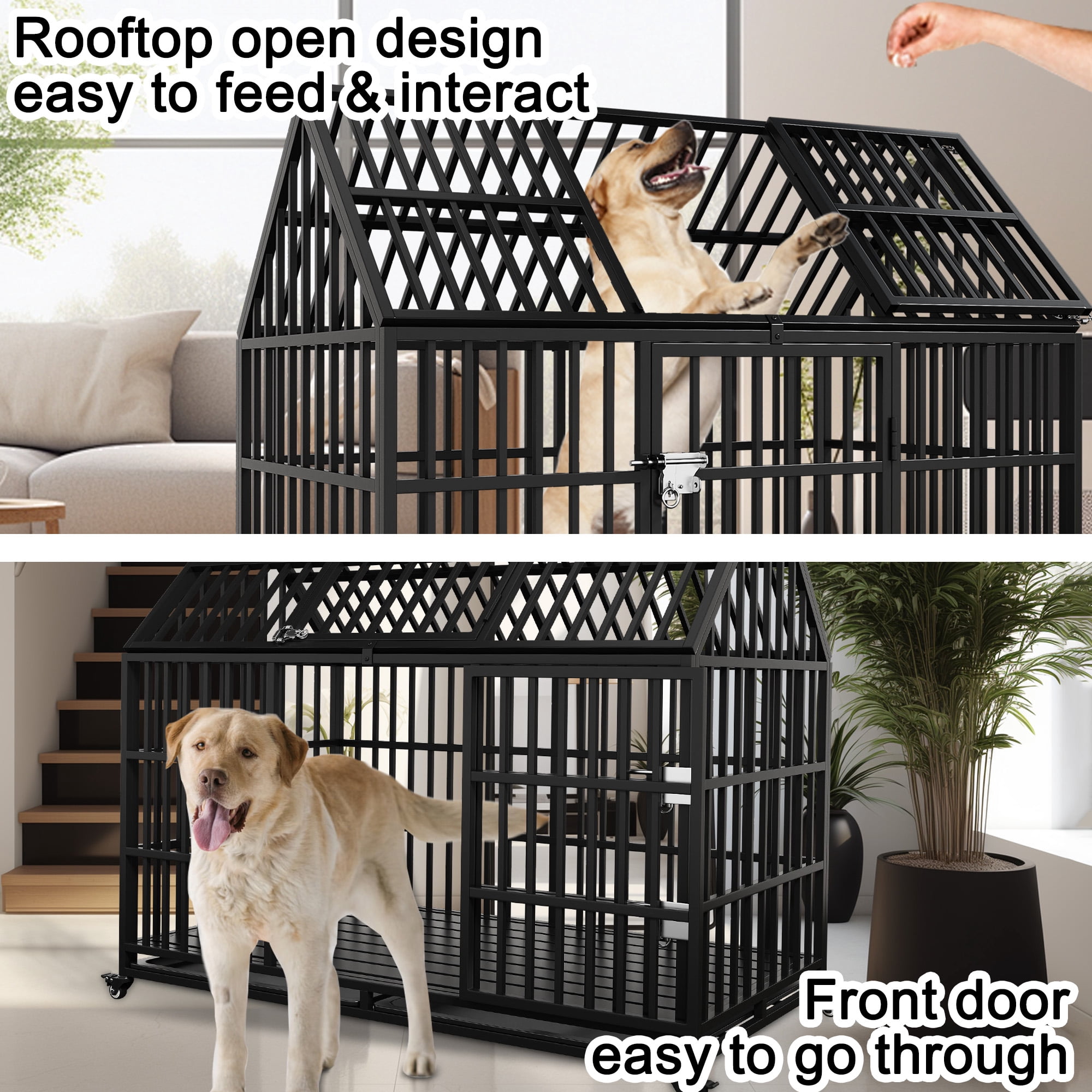 Heavy Duty Dog Crate 58 inch Indestructible Pet Dog Cage Crate Kennel with Roof Top 2 Doors Removable Trays, Lockable Wheels Escape-Proof for High Anxiety Large /Extra Large Dogs Breeds
