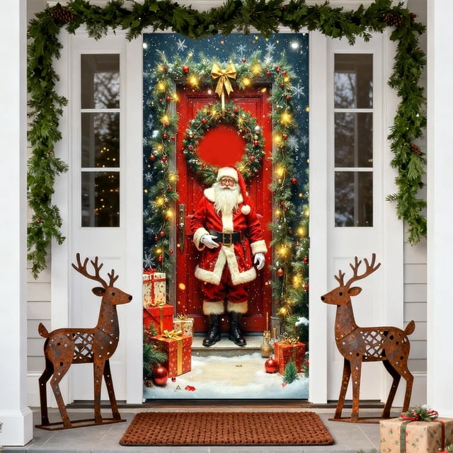 Funda Navideña para Puerta con Diseño de Papá Noel, 89 X 183 Cm | Tela de Poliéster | Decoración para Fiestas y Festivales | 1 Unidad | Multicolor