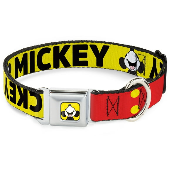 Disney Pet Collar, Dog Collar Metal Seatbelt Buckle, Mickey Smiling Up Pose Flip Buttons Yellow Black Red, 9.5 to 13 Inches 1.0 Inch Wide