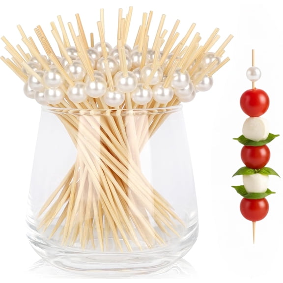200ct Cocktail Picks, 4.7" Pearl Toothpicks for Appetizers & Charcuterie, Fancy Bamboo Skewers for Drinks, Wedding, Party & Food Decorations, White