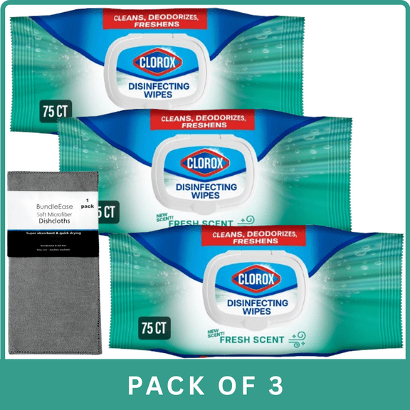 Clorox Fresh Scent Disinfecting Wipes – 75 ct-18.02oz-3pk, With Microfiber Solid Color Towel By BundleEase
