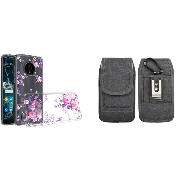 Case and Pouch Bundle for Nokia C200: Slim Series TPU Protector Case (Pink Flowers) and Vertical Nylon Fabric Belt Holster (Grey)