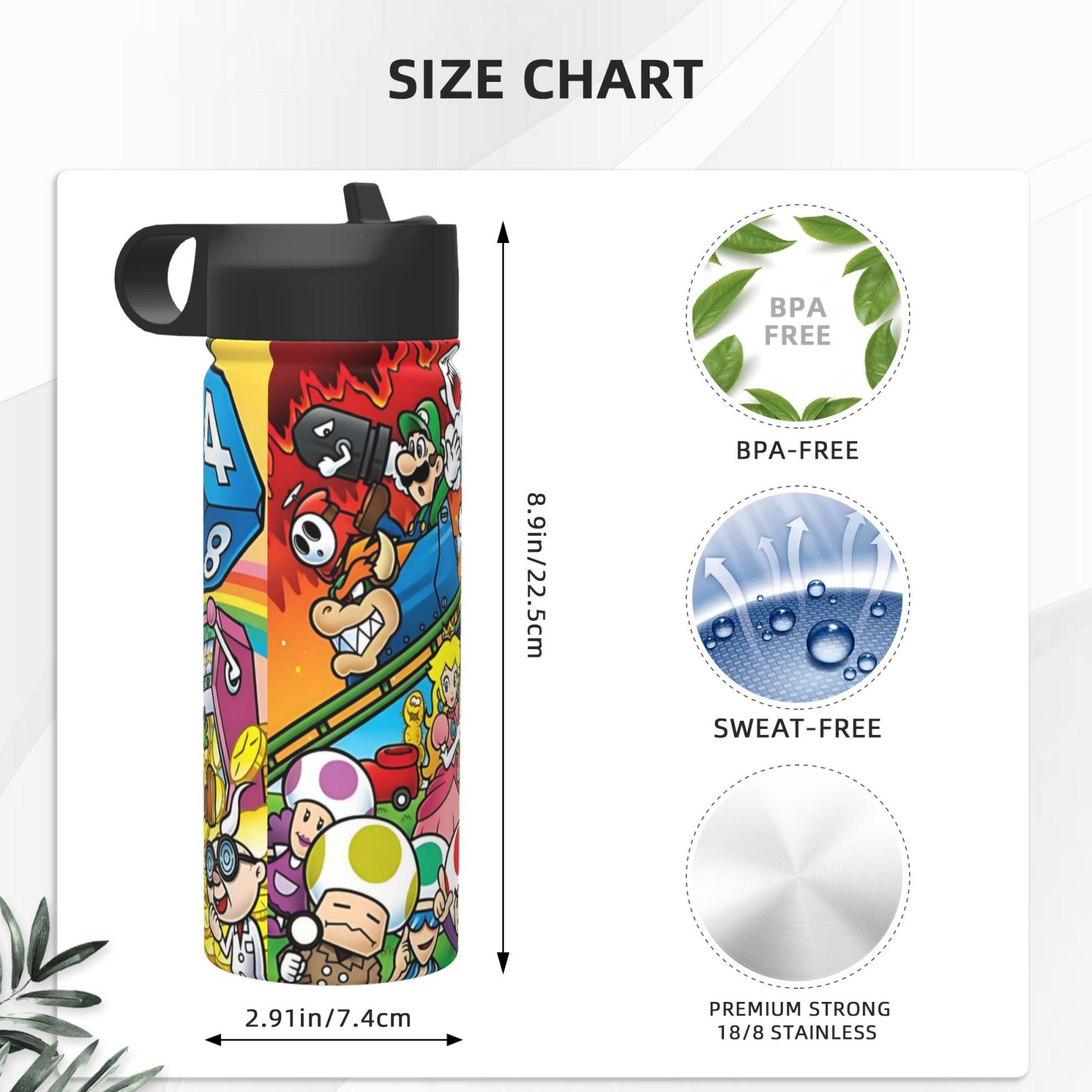 Super Mario Insulated Stainless Steel Wide Mouth Water Bottle With Flex Straw Lid For Kids Sports School And Travel 18oz Cute Thermos Reusable Leak Proof