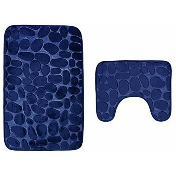 Lot de 2 Tapis de Bain Anti Dérapant et Le Tapis de Piédestal pour Salle de Bains Lavable a la Machine (50 * 80+40 * 50cm) - Bleu Marin