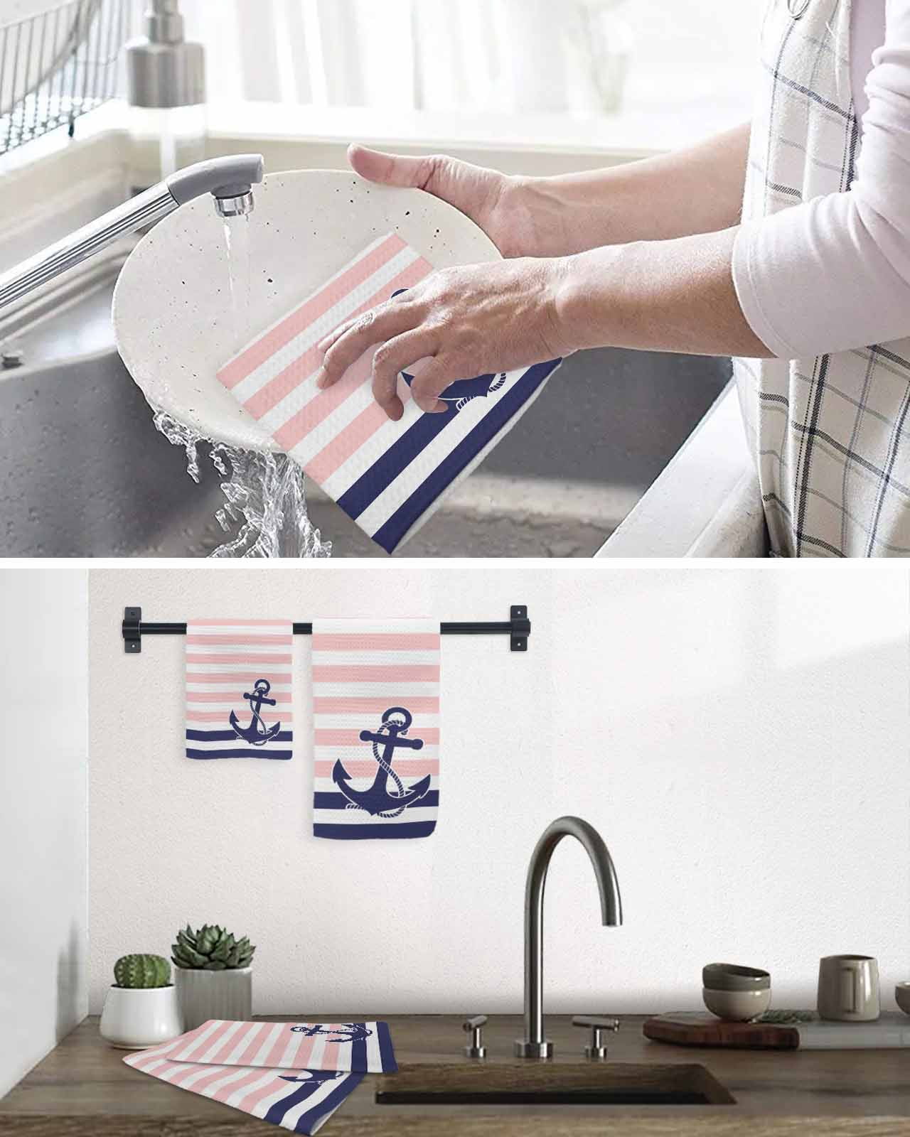 Anchor Pink Kitchen Dish Towels for Drying Dishes Set of 2, Modern Navy Blue White Striped Nautical Waffle Weave Microfiber Hand Tea Bathroom Towels Quick Dry & Absorbent Towel 12x12