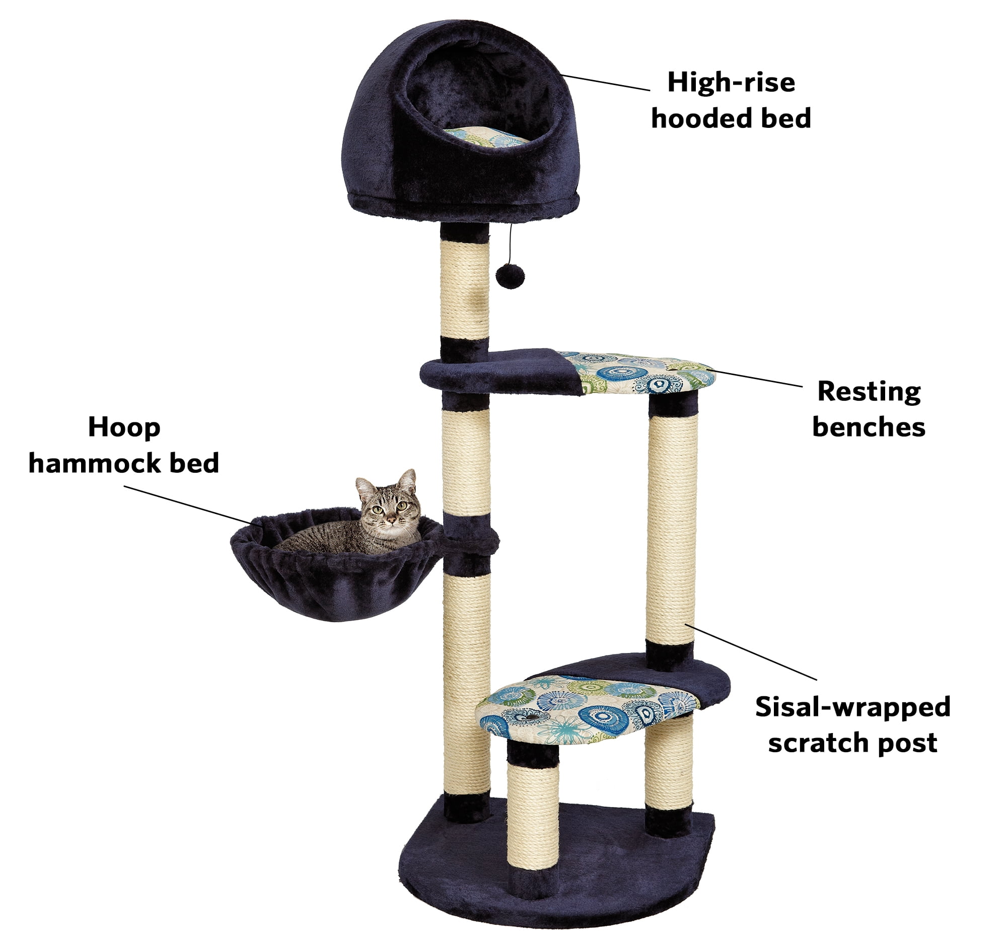 Cat Tree | "Resort" Cat Tree / Cat Furniture, 4-Tier Cat Tree w/ Sisal Wrapped Cat Scratching Support Posts, Hanging Cat Bunker Bed & High Canopy Cat Perch, Blue / White Pattern, Large Cat Tree