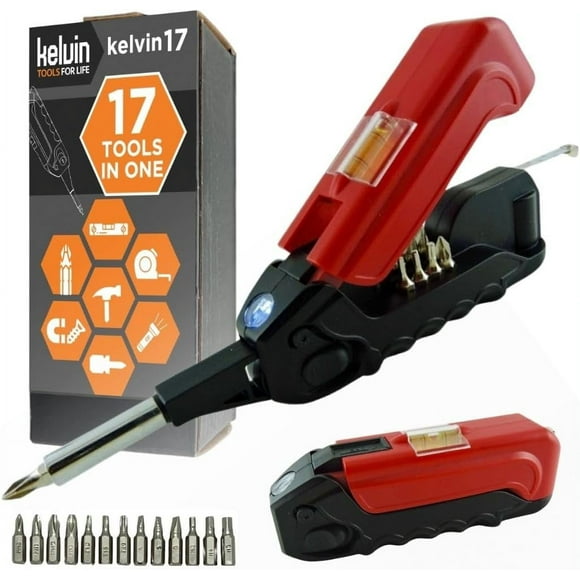 Kelvin Tools - Kelvin 17 Urban Screwdriver Set, All in One Everyday Multitool Screwdriver, Multi-Tip, Compact & Universal Precision, 13 Bit Set with Tape Measure, Liquid Level, Hammer and Flashlight