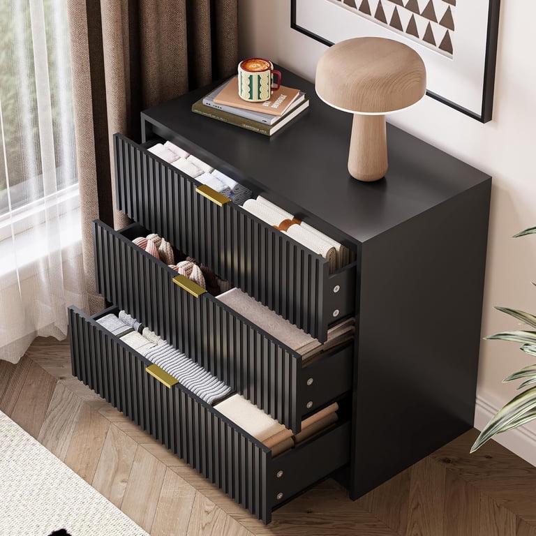 black fluted dresser LELELINKY Fluted Dresser for Bedroom, Modern Wooden 6 Drawer Dresser, Storage Cabinet Chest of Drawers for Living Room Hallway, Black