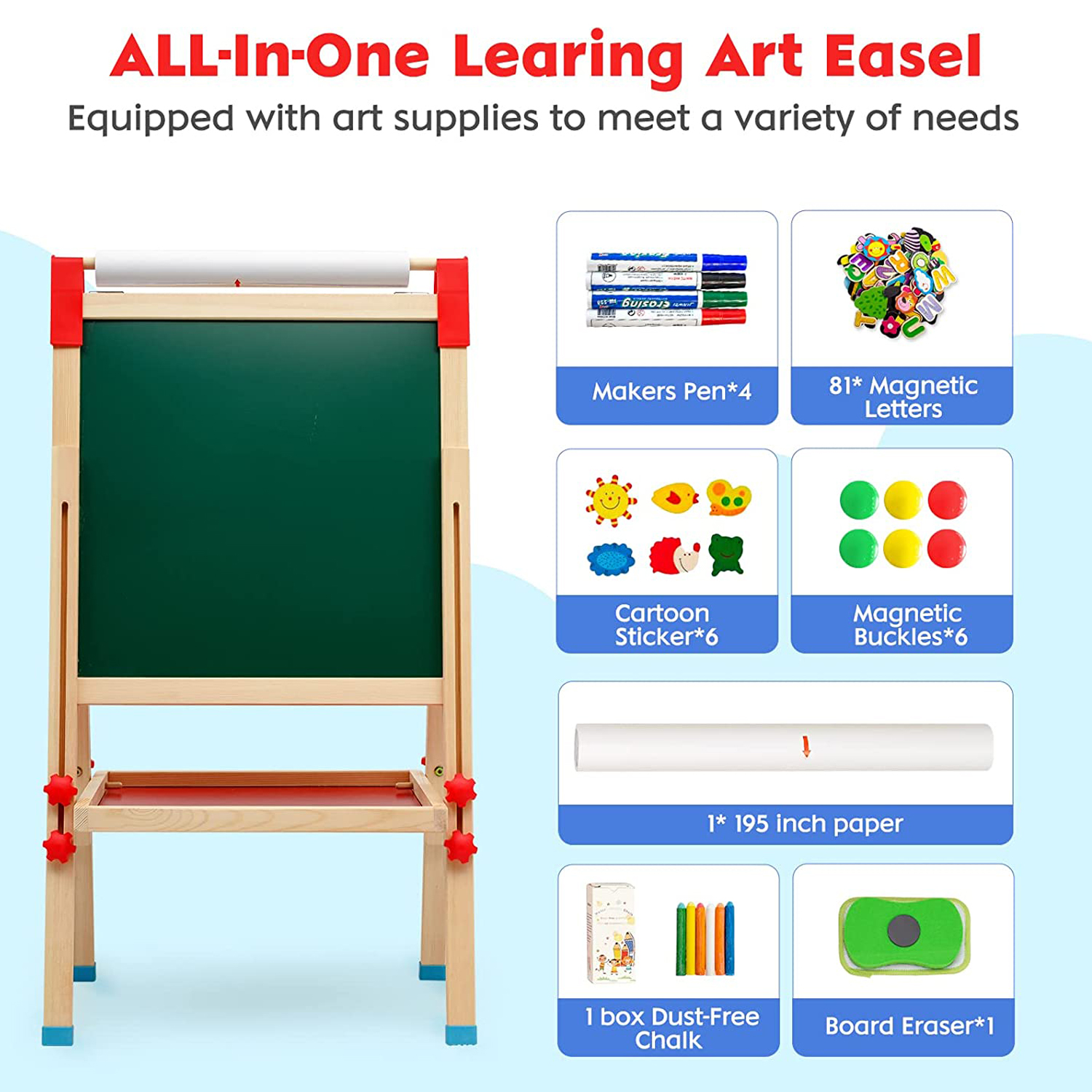 Kids Easel with Paper Roll Double-Sided Whiteboard & Chalkboard Standing  Easel with Numbers and Other Accessories for Kids and Toddlers (T04) 