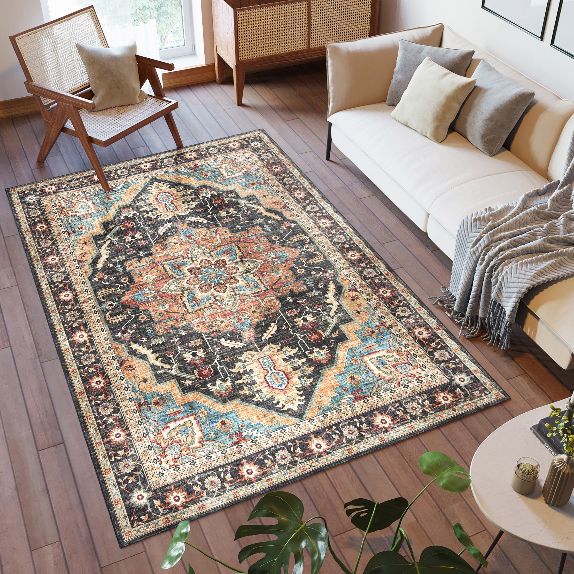 Crystal Print Tiefi Traditional Oriental Black Multi Washable Indoor Area Rug, 3x5
