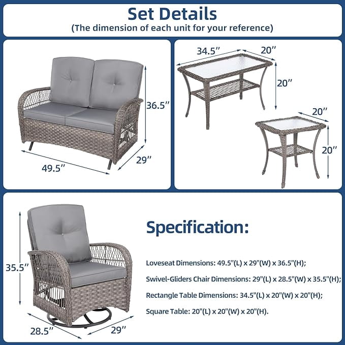 SOCIALCOMFY 5-Piece Wicker Patio Furniture Sets Outdoor All-Weather Rattan Conversation Set Includes Glider Loveseat, 2 Glass-Top Coffee Tables, 2 Swivel Rocking Chairs for Porch Backyard, Gray