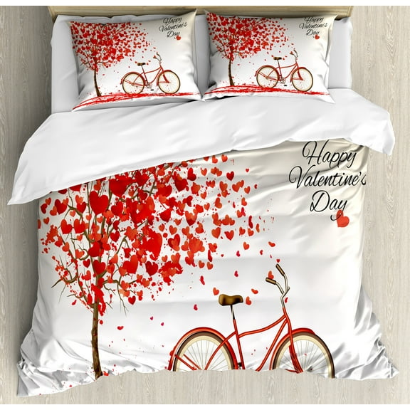 Valentines Day Duvet Cover Set, Romantic Tree with Blooming Hearts with Bike and Petals Vintage Art, Decorative 3 Piece Bedding Set with 2 Pillow Shams, King Size, Cream Vermilion, by Ambesonne