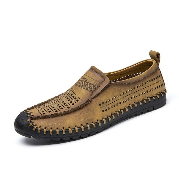Spring Summer New Men's Casual Hollow Loafers Slip On Breathable Leather Flats Boat Shoes Driving Shoes Moccasins Comfort Walking Shoes