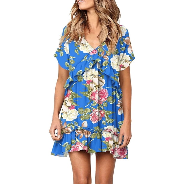 Vestido de playa para mujer, Mini vestidos de manga corta con estampado de colores hawaianos y volantes, vestido veraniego holgado y fluido Fridja qw5259