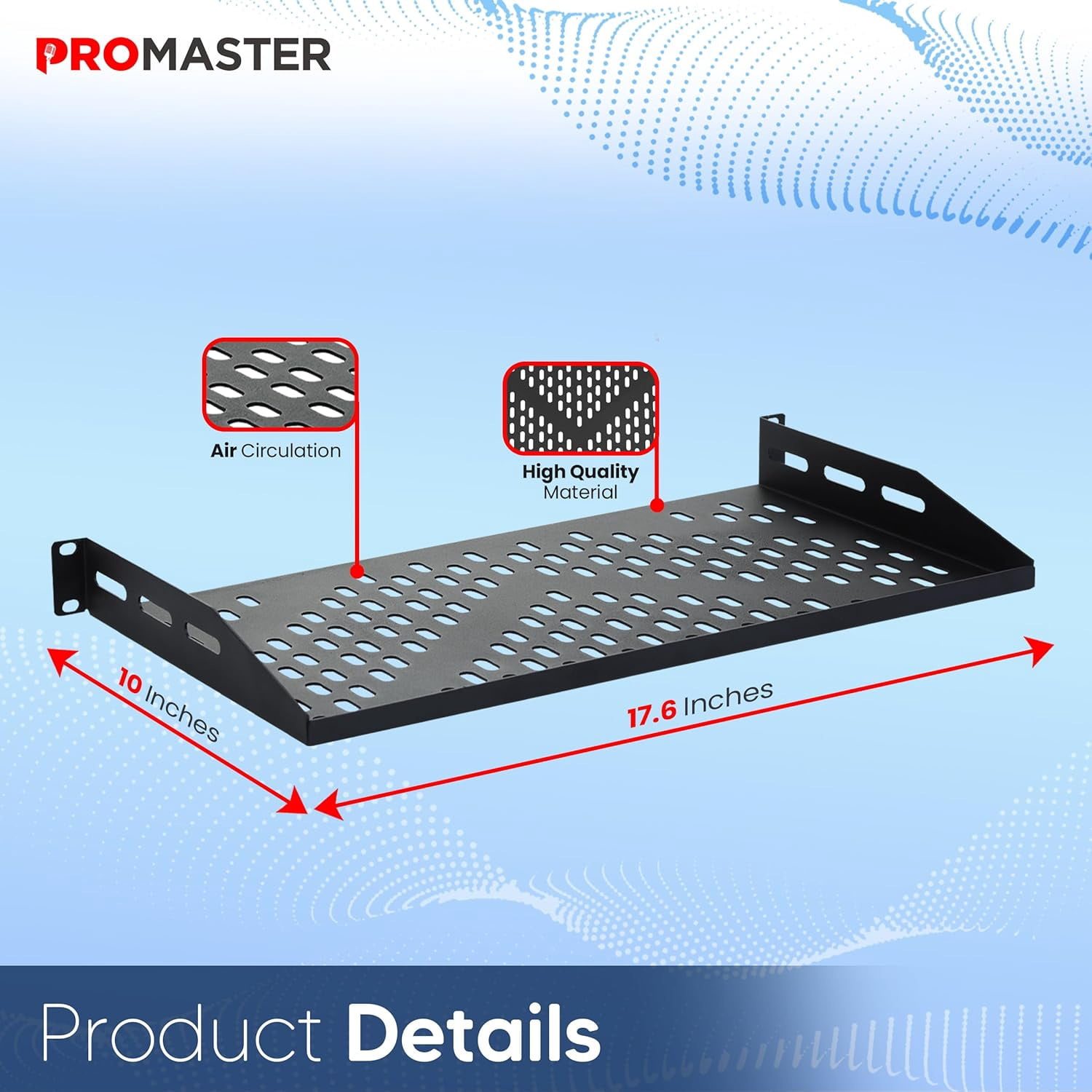 ProMaster Server Vented Shelf - 2-Pack 19 Inches, 10'' Deep, 1U Universal Integration Server Vented Rack Mounting Tray For Good Airflow, Cantilever Mount, Device and Equipment Wall Mounting - Black