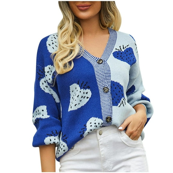 Tnhcen Women's Strawberry Print Cardigan Acrylic Knit Button Front Loose Fit Casual Wear Round Neck Long Sleeve Top Soft Comfort S-XL