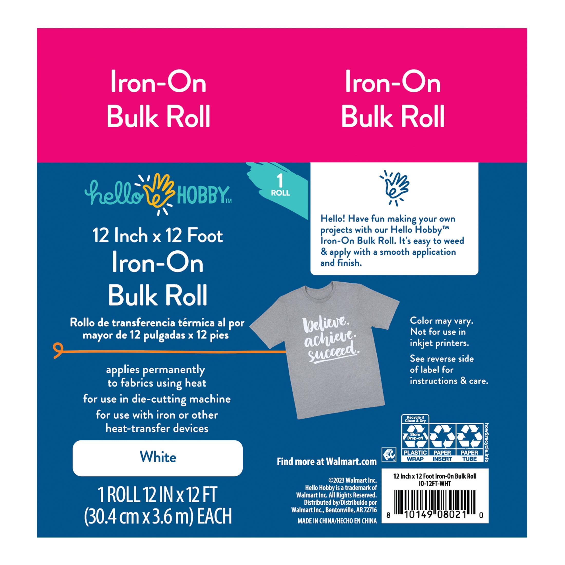Hello Hobby 12" x 12' White Iron-On Craft Vinyl Bulk Roll