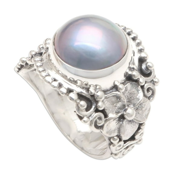 NOVICA Artisan Handmade Cultured Cultured Freshwater Pearl Cocktail Ring Blue .925 Sterling Silver Mabe Indonesia Gemstone 'Soft Glow in Blue'