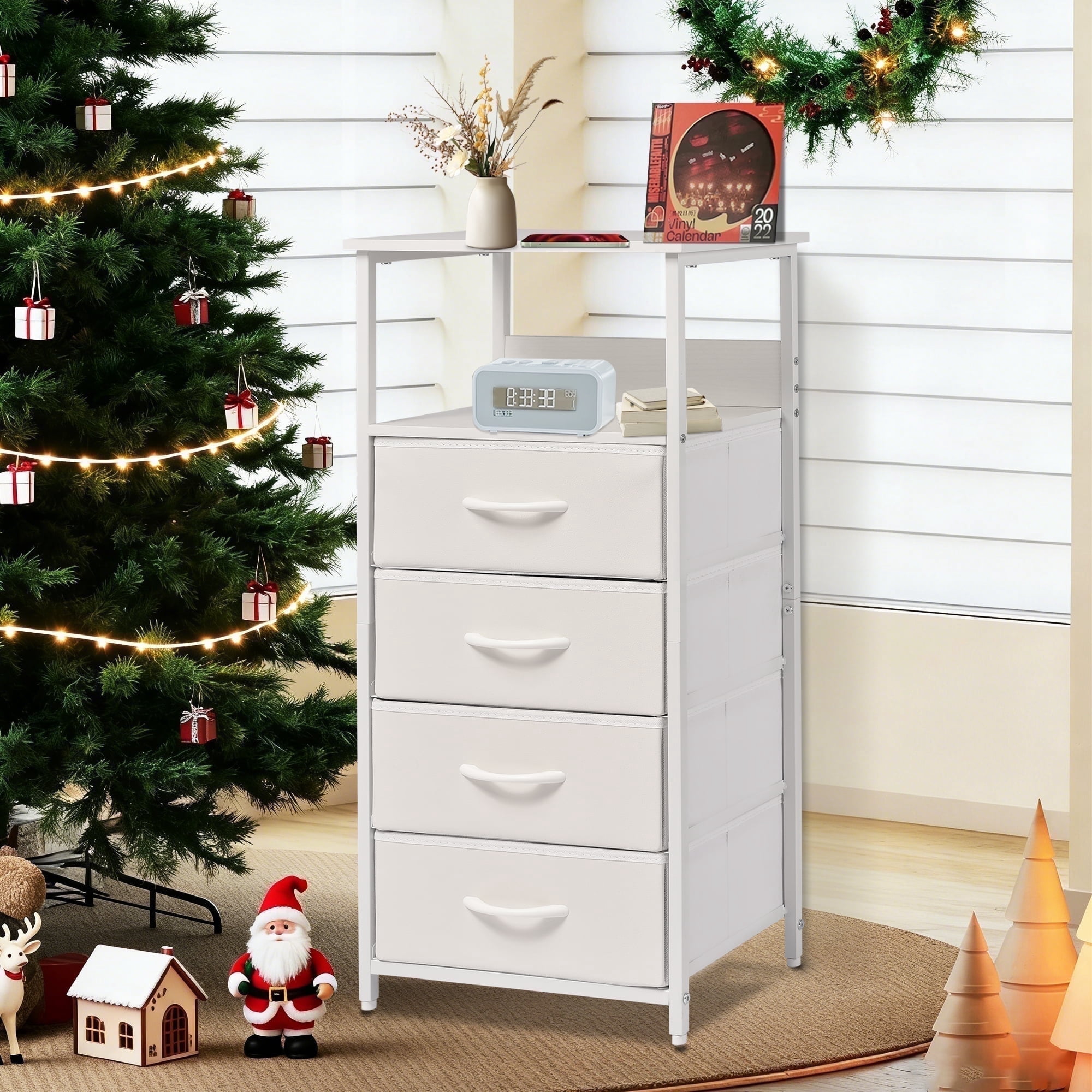 YEEZEE Nightstand,Dresser with 4 Fabric Storage Drawers,Tall Nightstand with Open Wood Shelves,White
