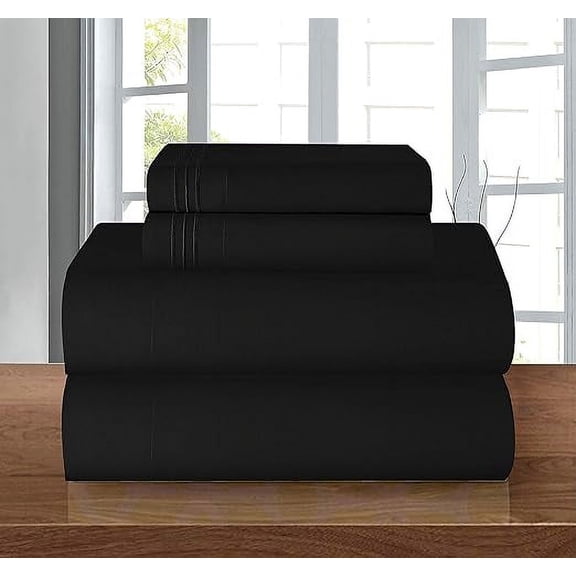Mocassi 4-Piece Deep Pocket Bed Sheet Set, Three-Line Design 1500 Thread Count Microfiber, Wrinkle and Fade Resistant, California King, Black