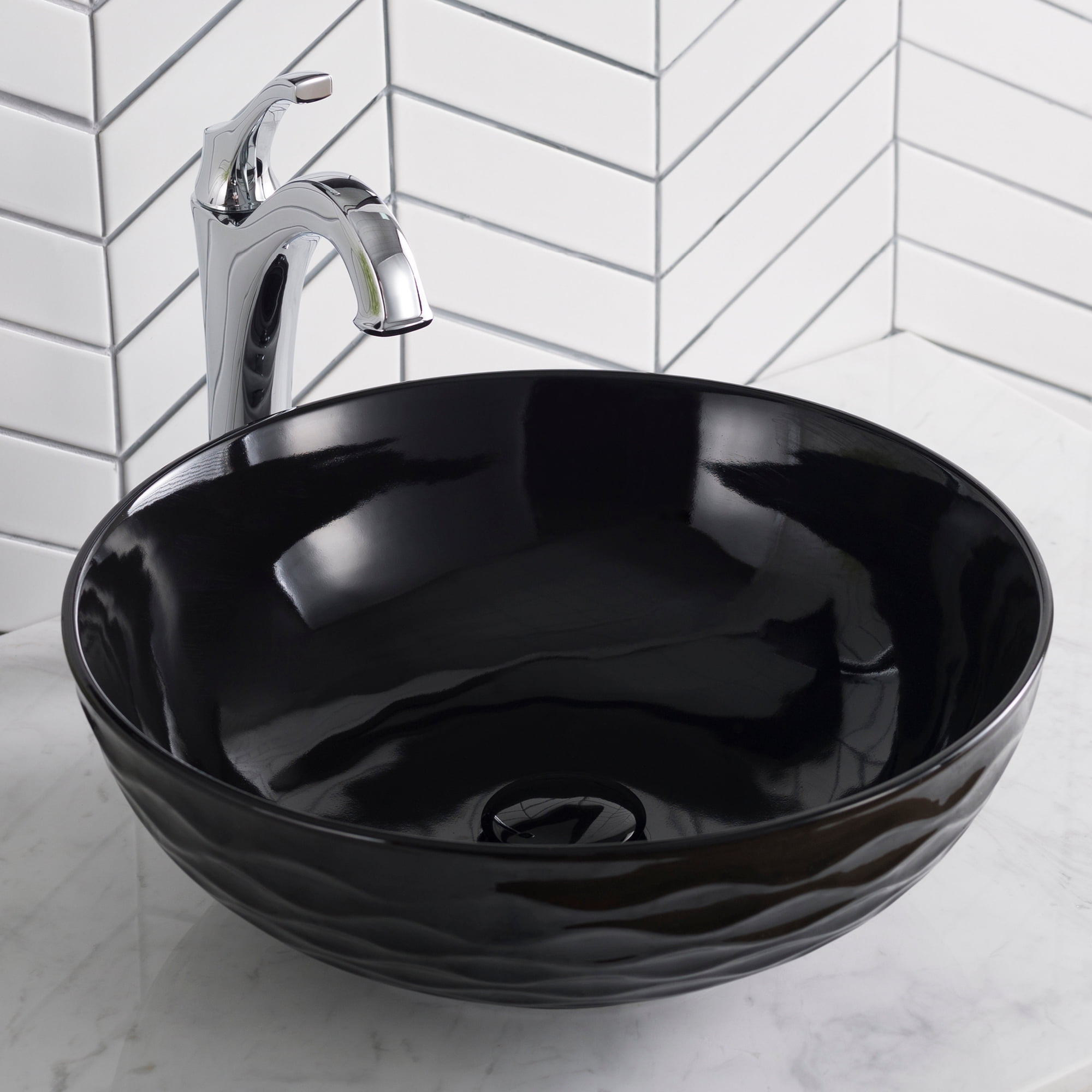 KRAUS Viva Round Black Porcelain Ceramic Vessel Bathroom Sink, 16 1/2 in. D x 5 1/2 in. H