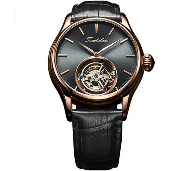 AESOP Mechanical Hand-Wind Wristwatch Skeleton Tourbillon Watch Men's Stainless Steel See-Through Back Sapphire Glass Genuine Leather Band Male Luminous Clock Waterproof