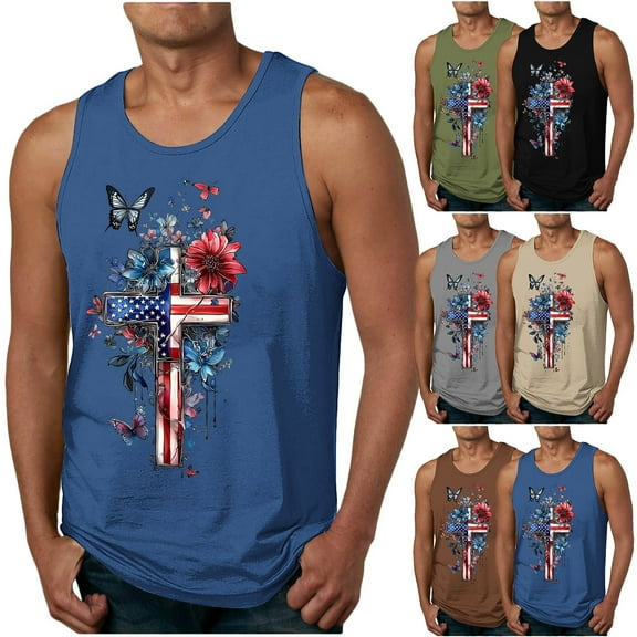 VBTAPA 4th of July Patriotic Shirts for Men American Flag Graphic Tank Tops Independence Day Sleeveless T-Shirts Army Green XL