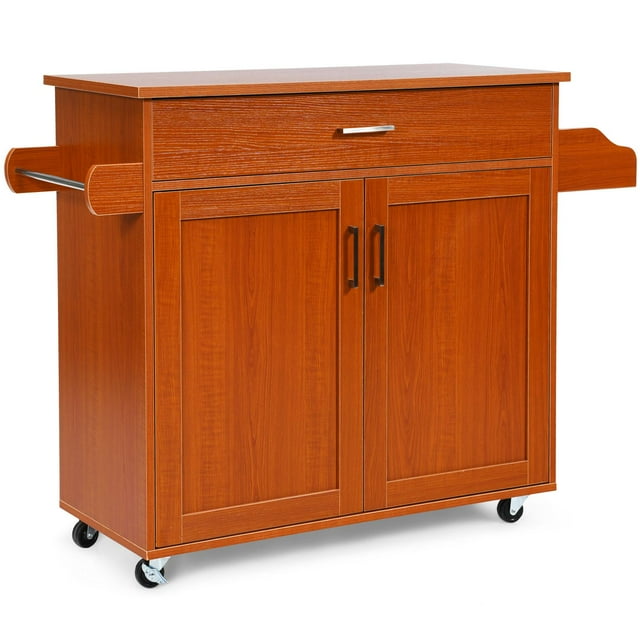 Giantex Kitchen Island Cart with Storage Cabinet on Wheels, Spice Rack Towel Rack & Drawer, Cherry