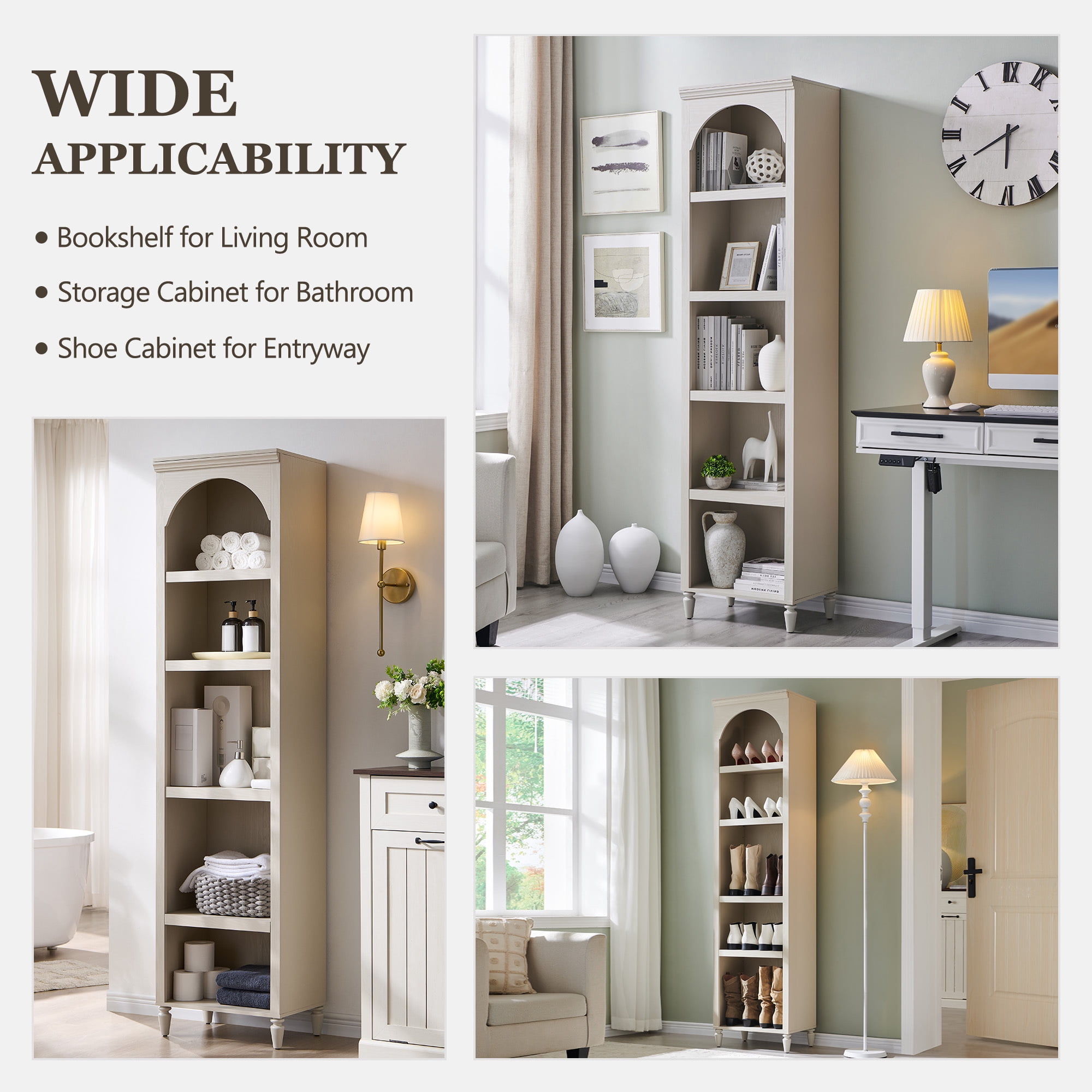 SinCiDo Tall Arched Bookcase, 5-Tier Narrow Bookshelf with Open Display Shelves for Living Room, Cream
