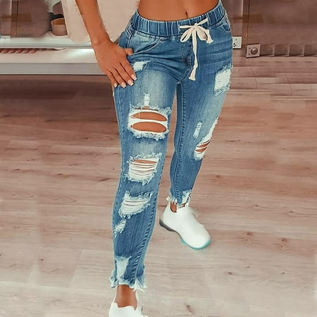 

Wyongtao Cozy Women Solid Color Bandage Hole High Jeans Flares Ankle Fashion Pants Trouser