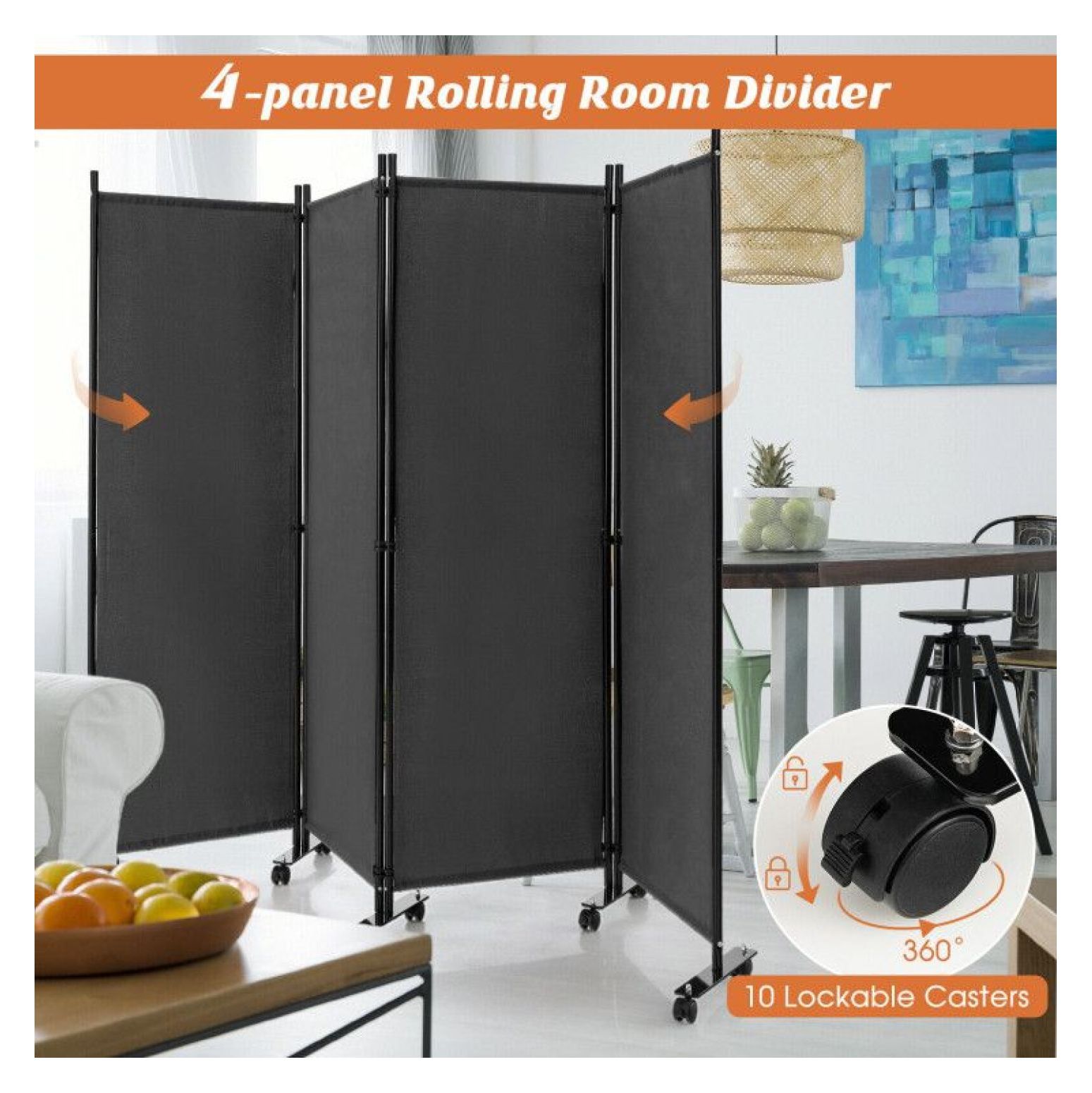 Yunken 4-Panel Room Divider with Locking Casters, 5.6 Ft Steel Frame Folding Screen for Bedroom & Office Use