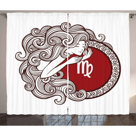 - Virgo Curtains 2 Panels Set, Vibrant Color Abstract Image Zodiac Sign Long Haired Girl with Symbol of Virgo, Window Drapes for Living Room Bedroom, 108W X 84L Inches, Ruby Brown White, by Ambesonne