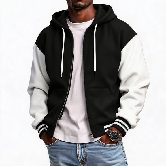 Delconic Mens Fleece Lined Hooded Bomber Jacket Casual Zip Up Baseball Outerwear Ribbed Cuff Hem Regular Fit Coat Black L
