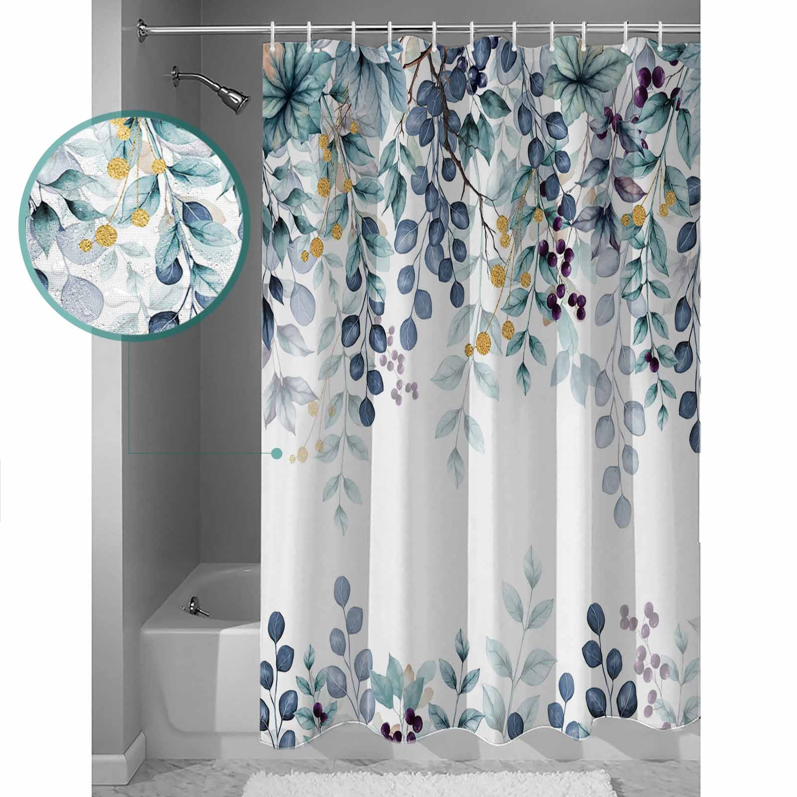 Eucalyptus Bathroom Curtain 78 Inch Shower Curtain with Hooks, Green Blue Branches Vintage Flower Plant Waterproof Polyester Bath Curtain Washable Bathtub Curtain 72''x 78''