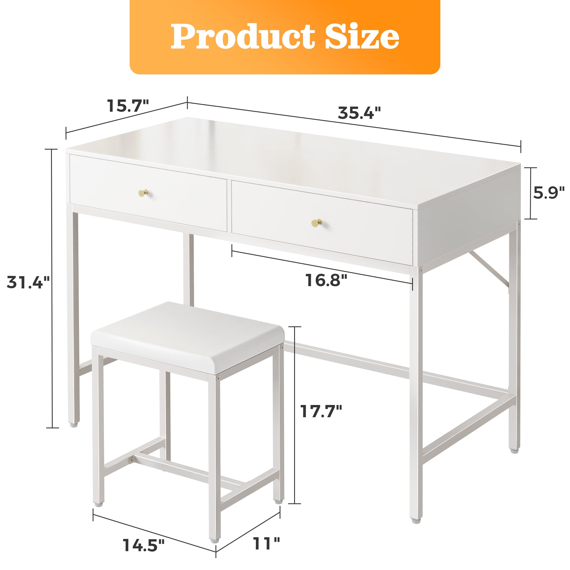 Amadwell 35.4 Inches White and Gold Desk with 2 Drawers, Vanity Desk with Padded Stool, Bedroom