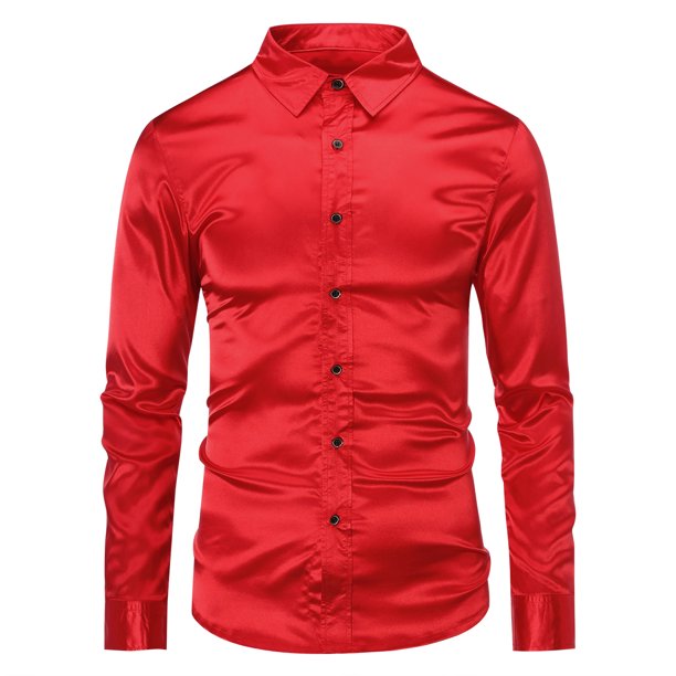 Men's SlimFit LongSleeve Solid Satin Silk Like Dance Prom Dress Shirt