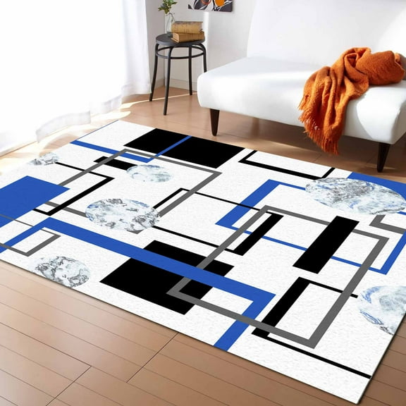 Area Rug 5'x7' Abstract Geometric Simple Blue Black Lines Washable Area Rugs Non Shedding Floor Carpet Rubber Backing Non-Slip Indoor Mats for Living Room Bedroom Kitchen