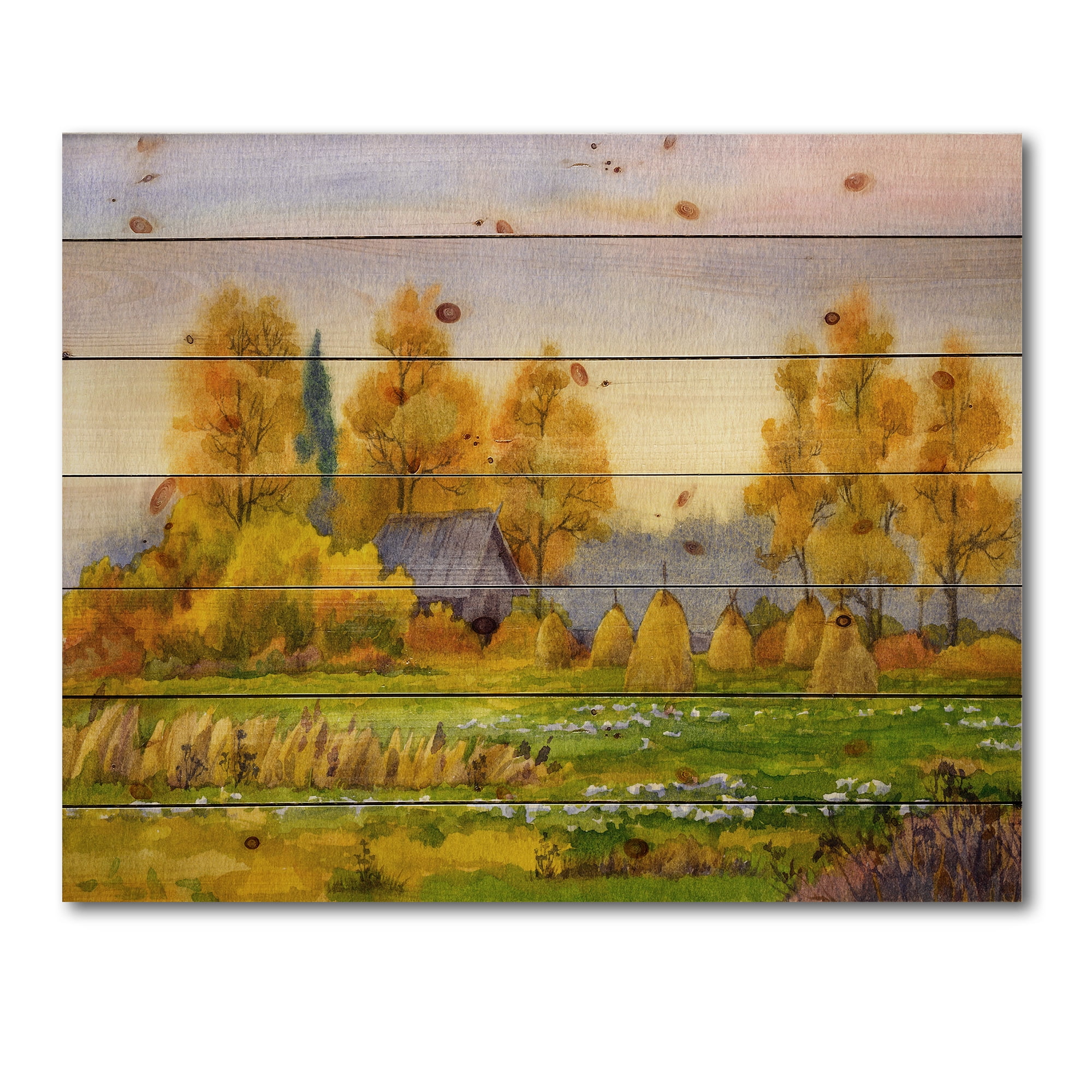 Designart 'Orange Fields With Haystacks II' Lake House Print on Natural Pine Wood