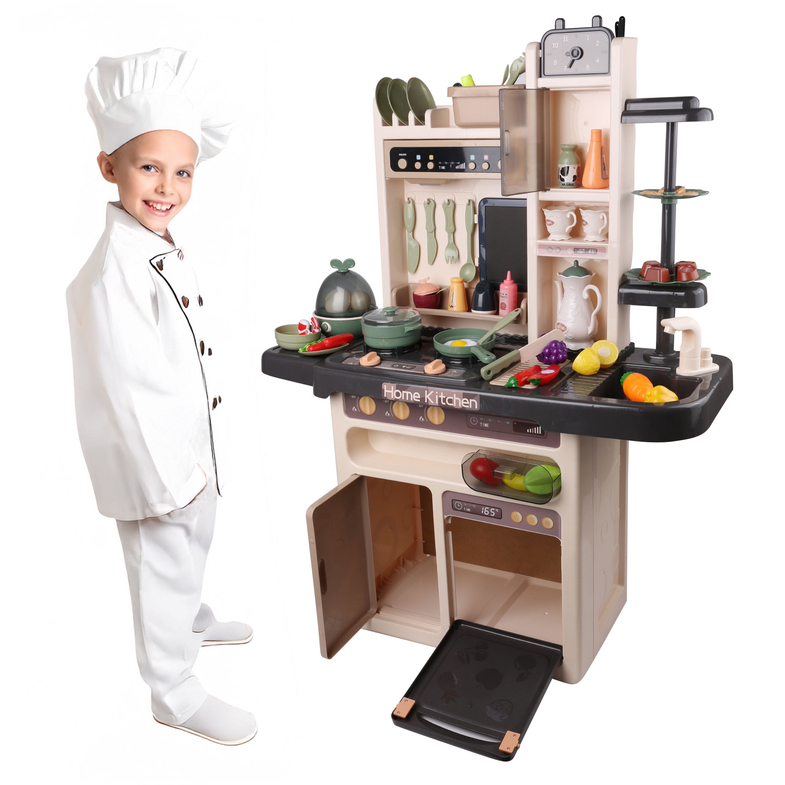 65-Piece Kids Pretend Play Kitchen Set with Play Food, Pots, Pans, Utensils, Plates and Menu Board