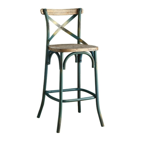 Chad 29 Inch Modern Bar Height Chair Footrest X Backrest Green Oak Wood - Saltoro Sherpi