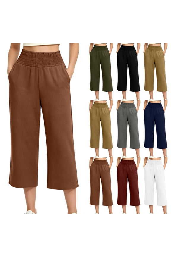 Women's Wide Leg Capri Pants Smoked Elastic High Waisted Tummy Control Capris Summer Beach Vacation Casual Lounge Cropped Trousers with Pockets
