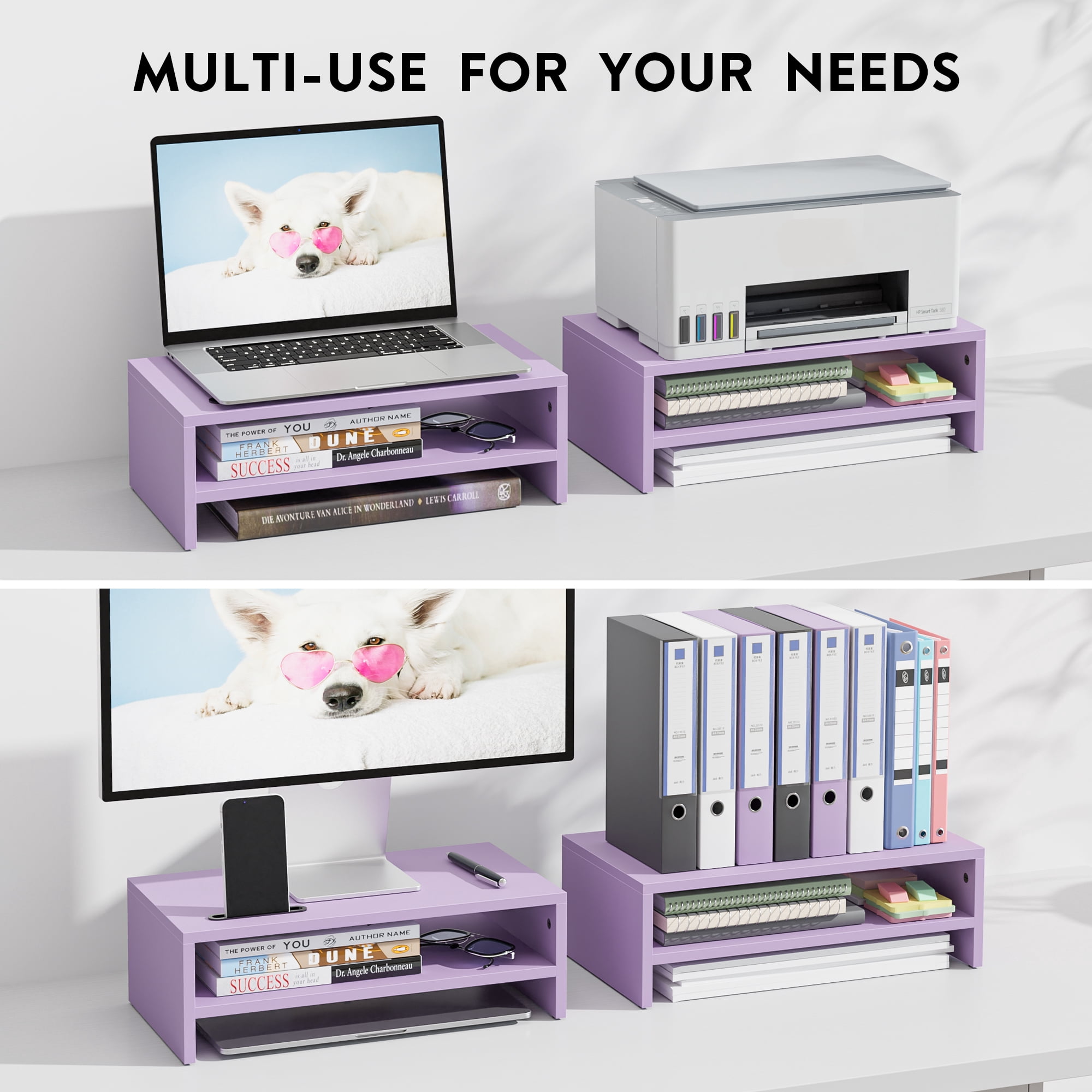 BONTEC Wooden Monitor Stand Riser, 2-Tier Desk Shelf with Storage Organizer, Ergonomic Computer Stand with Cable Management, Cellphone Holder, Purple, 16.5 Inch