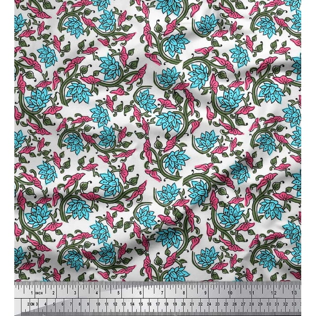 Soimoi Rayon Fabric Leaves & Lotus Block Printed Fabric 1 Yard 56 Inch Wide