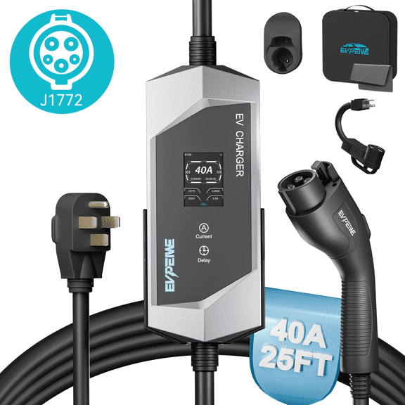 EVPEIWE Level 1/2 J1772 EV Charger 40A 25ft, 110-240V Portable EV Charger with NEMA 14-50/NEMA 5-15 Plug