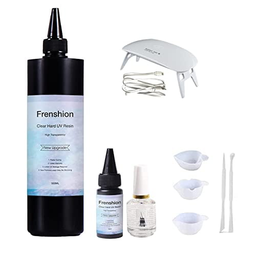 Lampe Incluse - Résine UV 500 g + 30 g - Mise à Niveau I Minute, Polymérisation Rapide! Résine Époxy Claire Cristal de Type Dur, 5 Types d'Outils en Silicone pour Résine, Gobelet Bâton pour Fabrication de Bijoux et Boucles d'Oreilles, Moulage et Revêtement + Huile Brillante 15 ml