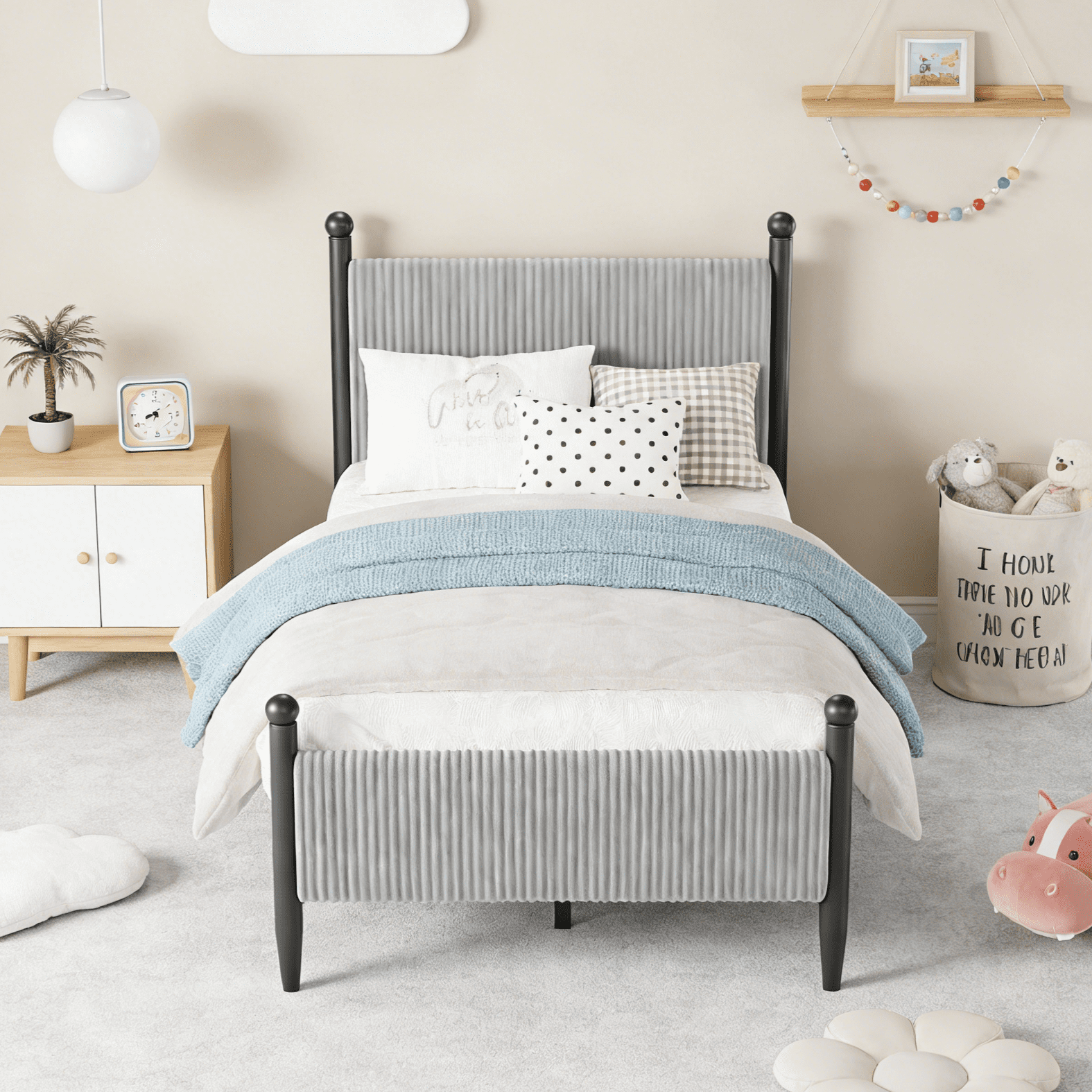 Twin Size Upholstered Bed Frame with Velvet Headboard, Soft Corduroy Fabric Platform Bed with Wooden Slats Support, No Box Spring Needed, Grey