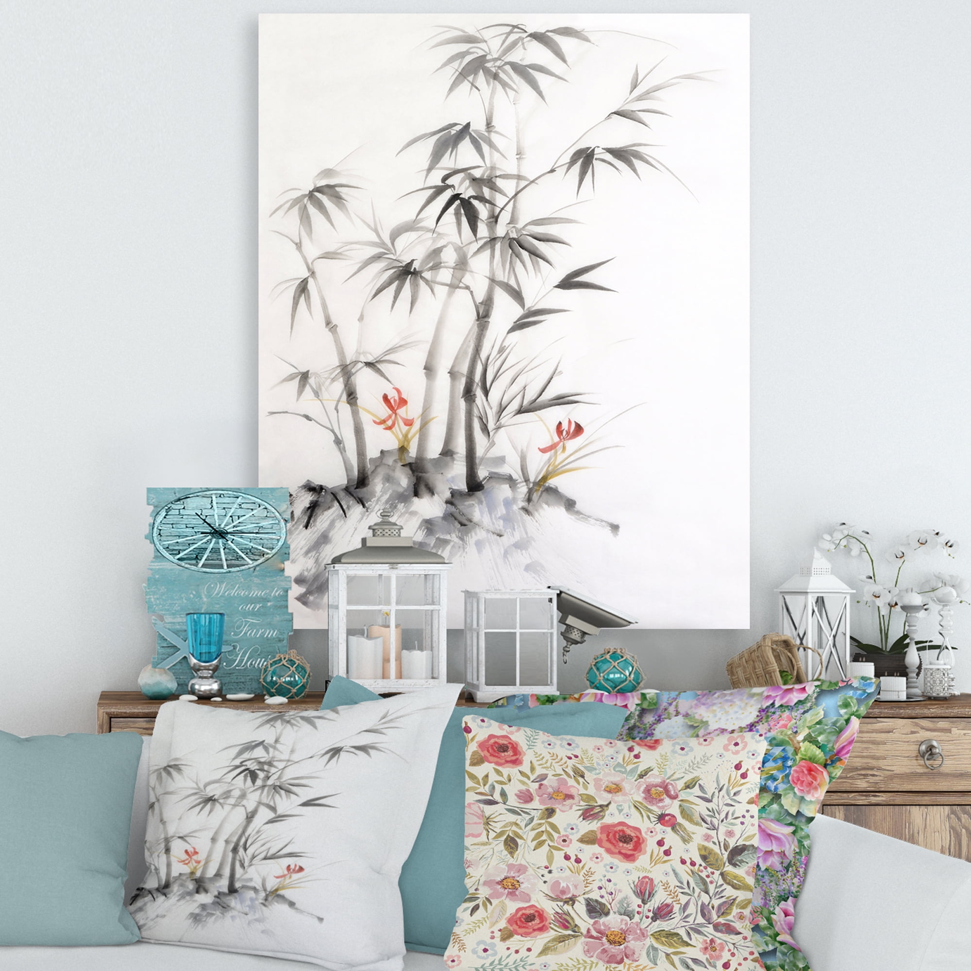 Designart ' Vintage Black and White Bamboo III ' Traditional Canvas Wall Art Print