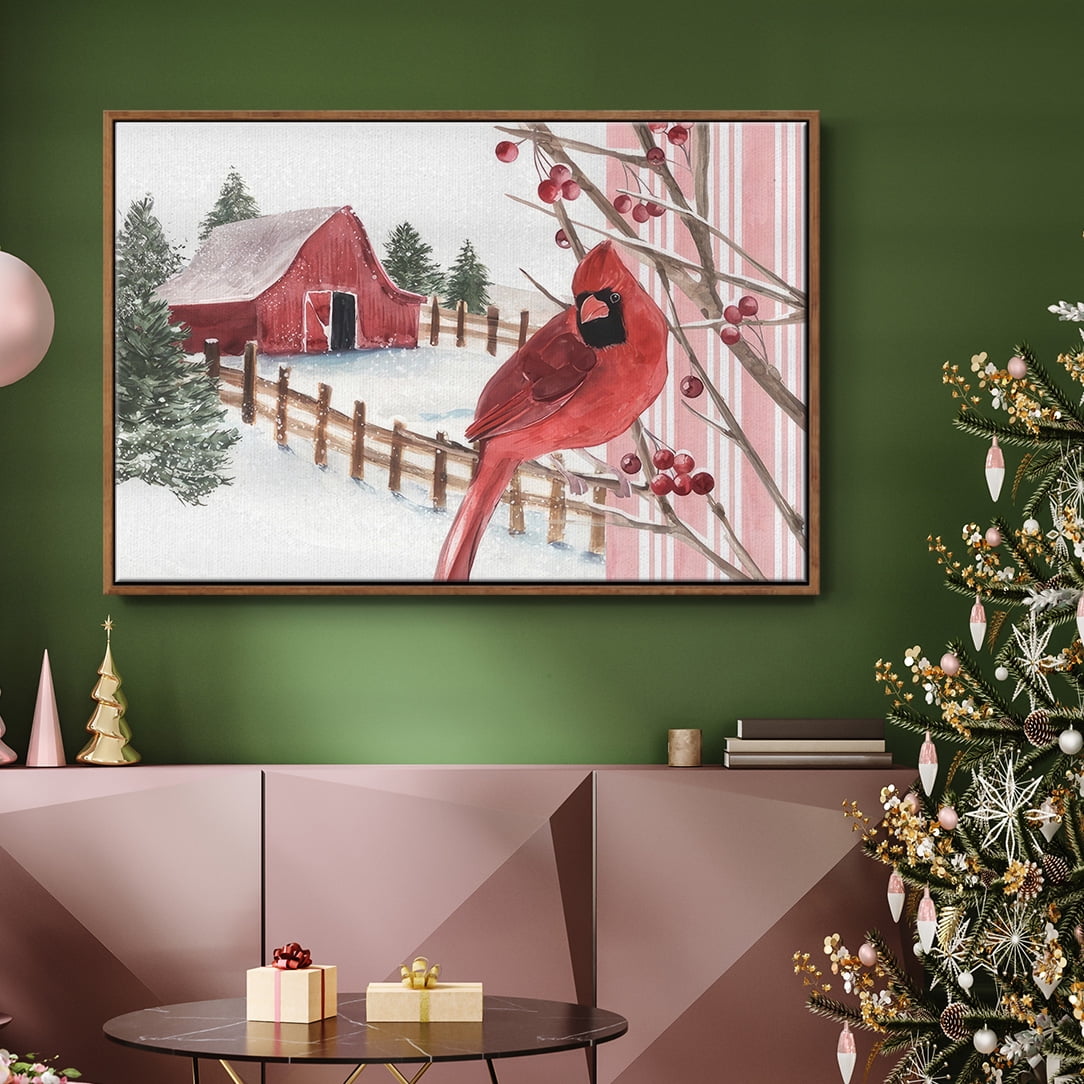 Winter Cardinal Collection A - Framed Gallery Wrapped Holiday Canvas - 17 x 25 - Rosewood Frame
